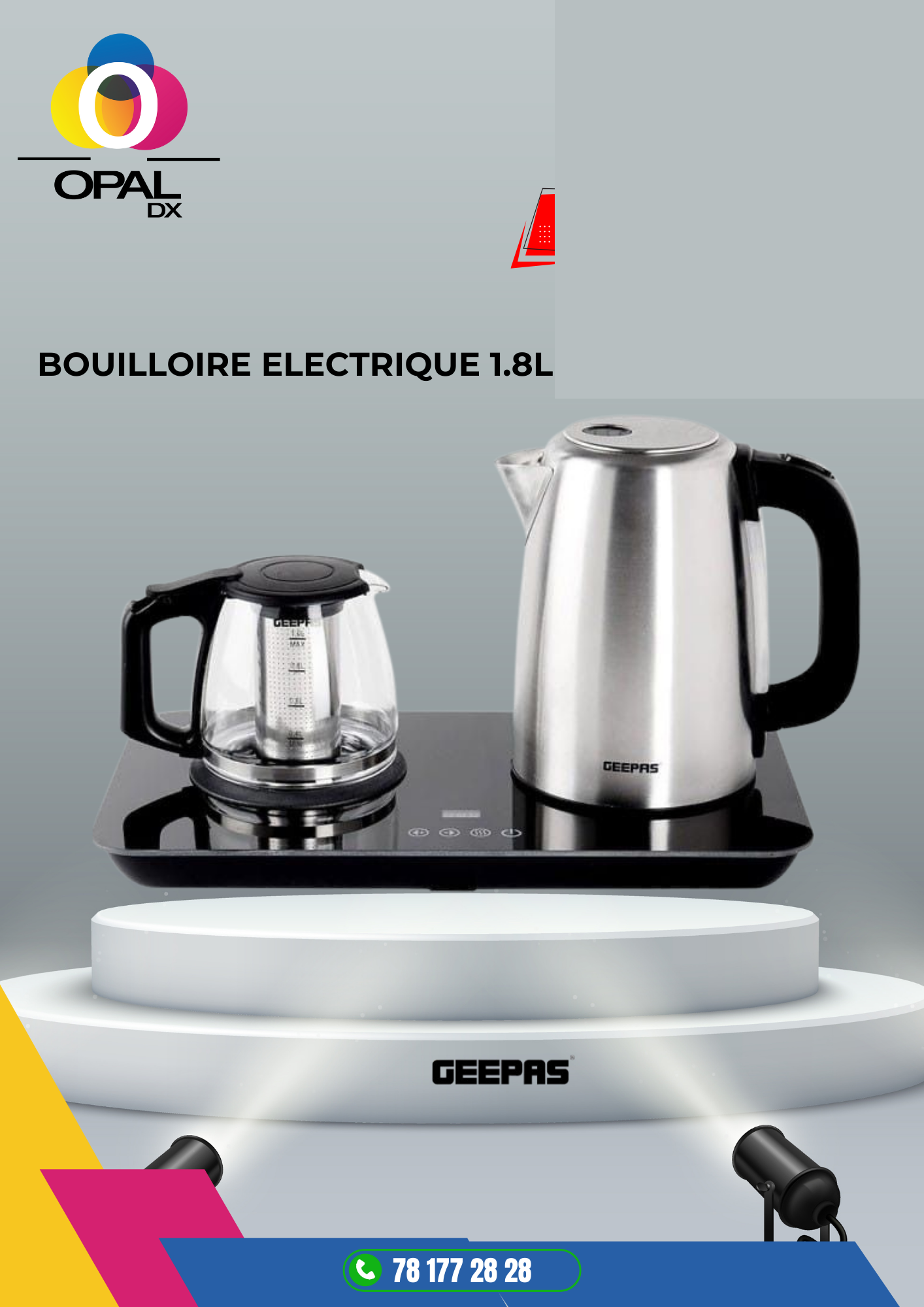 BOUILLOIRE ÉLECTRIQUE EN VERRE 1.7 LITRES GEEPAS INOX + THETHIERE