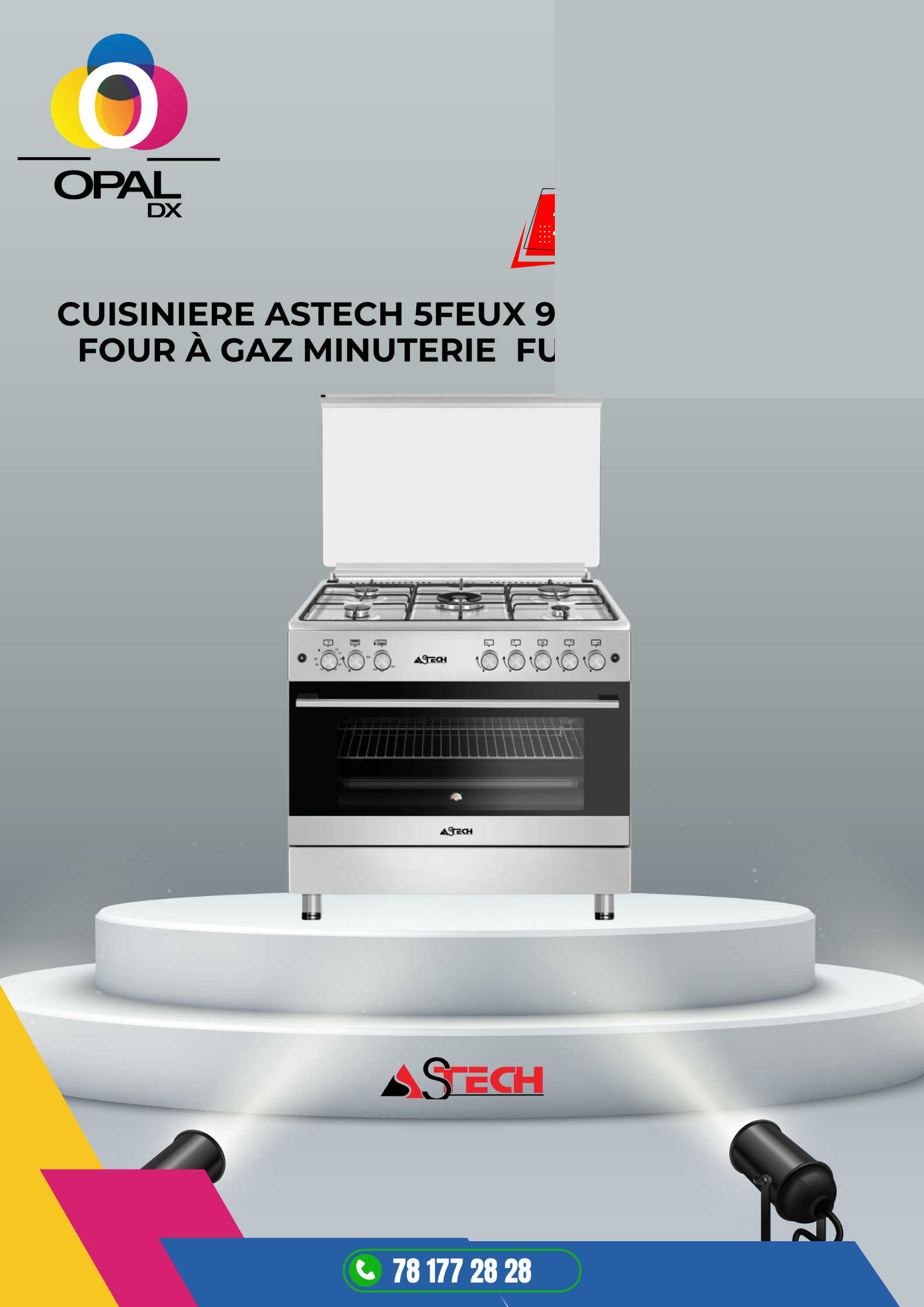 CUISINIERE ASTECH 5 FEUX 90X60 À GAZ AVEC FOUR À GAZ MINUTERIE FULL OPTION